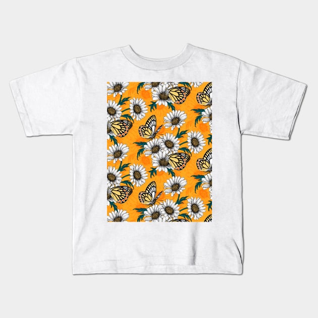 Jezebel butterflies and daisy flowers on orange Kids T-Shirt by katerinamk